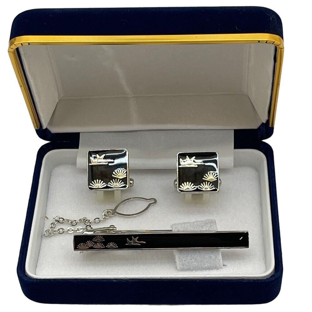 Retro Vintage Cuff Links & Tie Clip Set Silver with 24K Gold Inlay